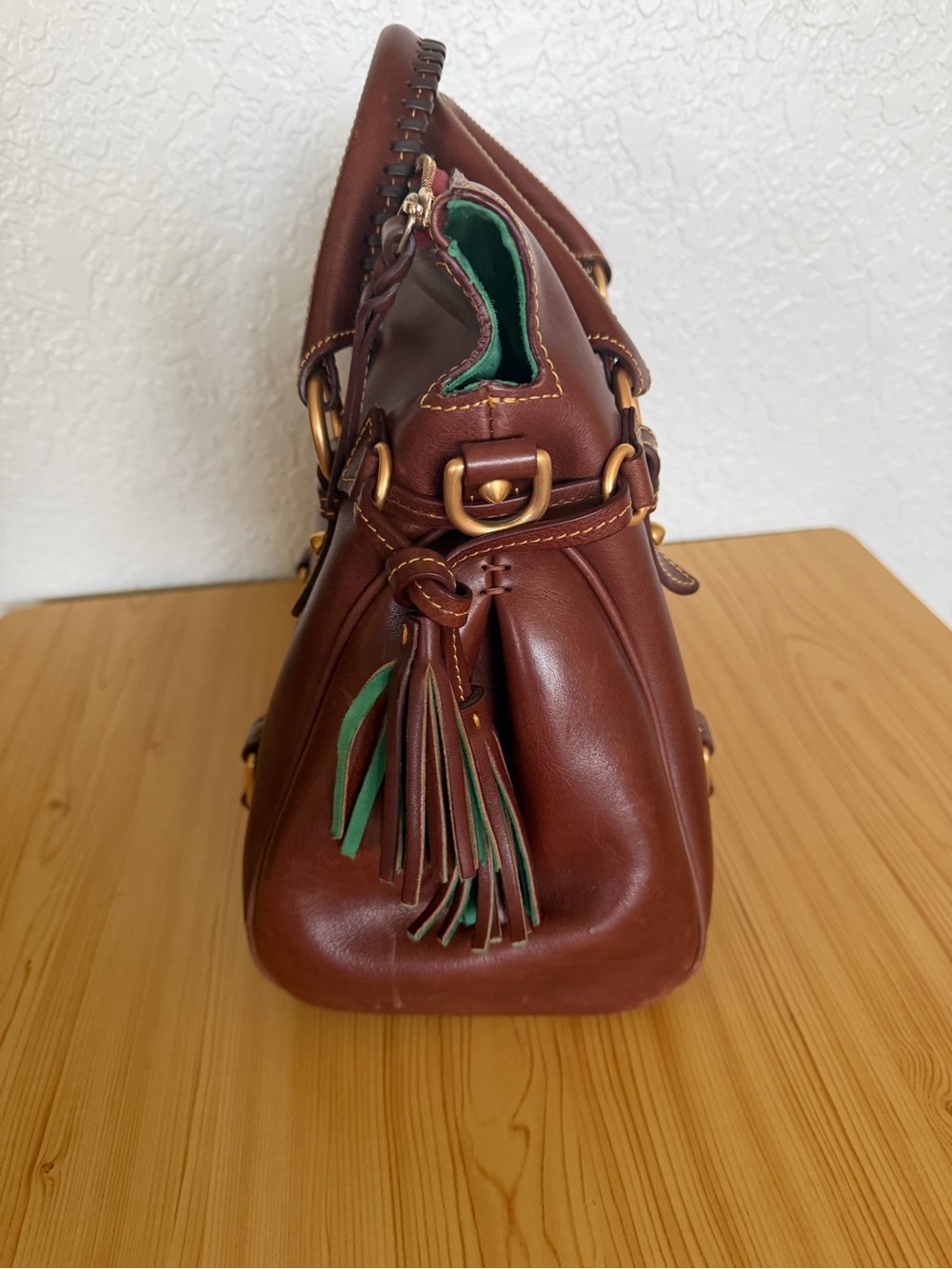 Dooney & Bourke Brown Leather Satchel with Green Accent - Picture 2 of 3